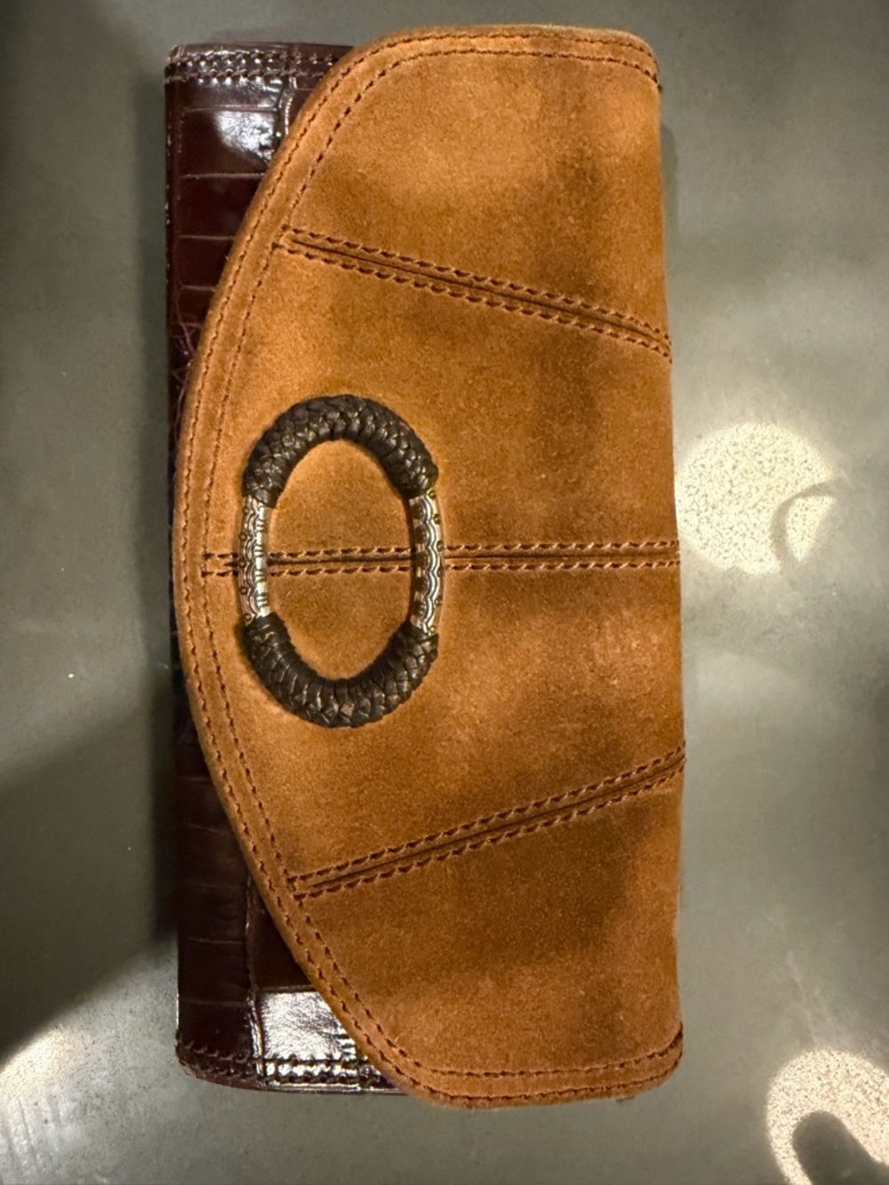 Brighton Brown Suede and Croc-Texture Leather Wallet Clutch